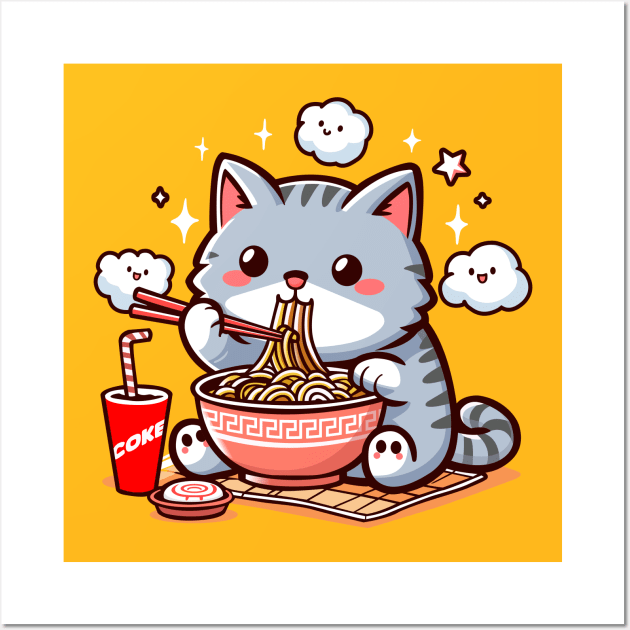 Cute Cat Eating Ramen Wall Art by Arief Uchiha